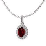 Oval Cut Ruby & 0.16ctw Diamond Halo Pendant, 14ct White Gold