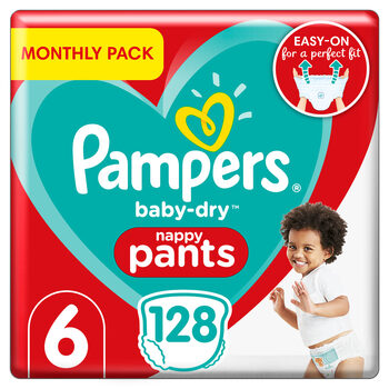Pampers Baby Dry Nappy Pants Size 6, Monthly 128 Pack