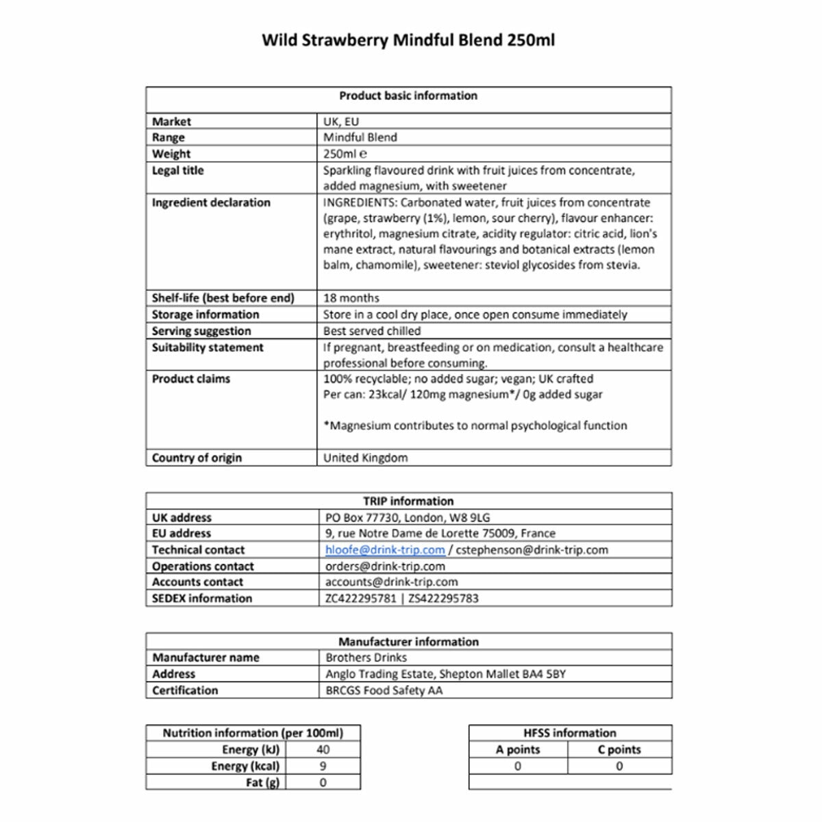 Trip Mindful Blend Wild Strawberry 250ml Nutritional Information