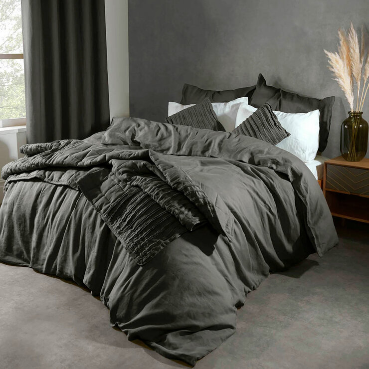 Lazy Linen 100% Washed Charcoal Linen Duvet Cover Set, King