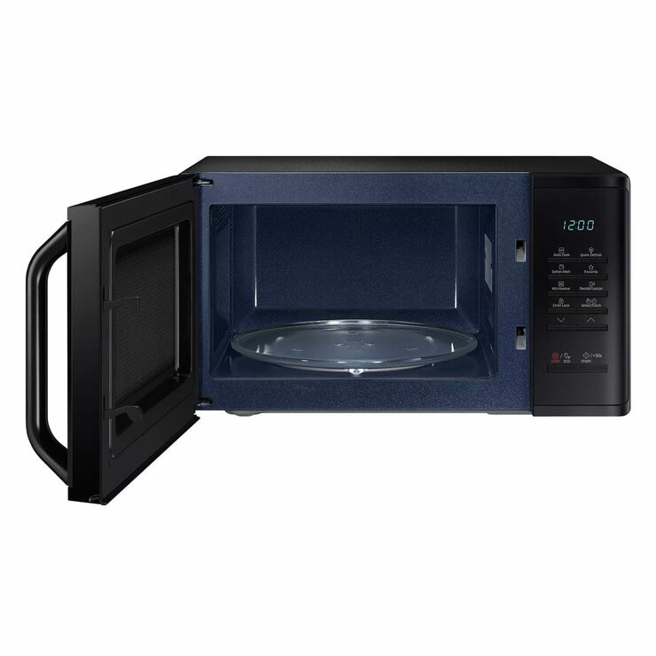 Front Profile of Samsung MS23K3513AK 23 Litre Solo Microwave in Black Door Open showing turntable