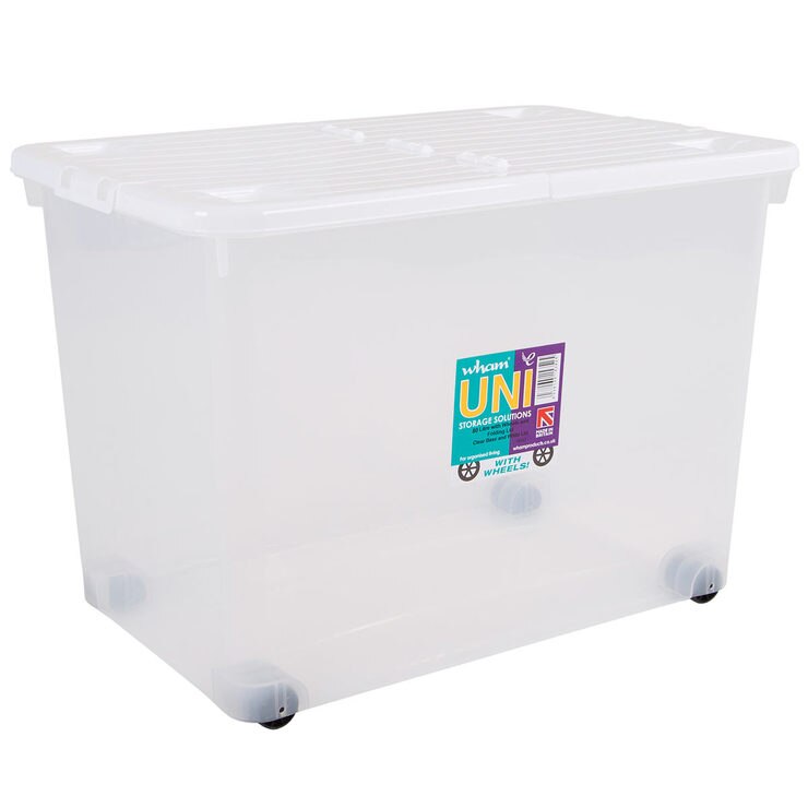 Wham Uni 80 Litre Clear Plastic Storage Box with Wheels & Folding Lid