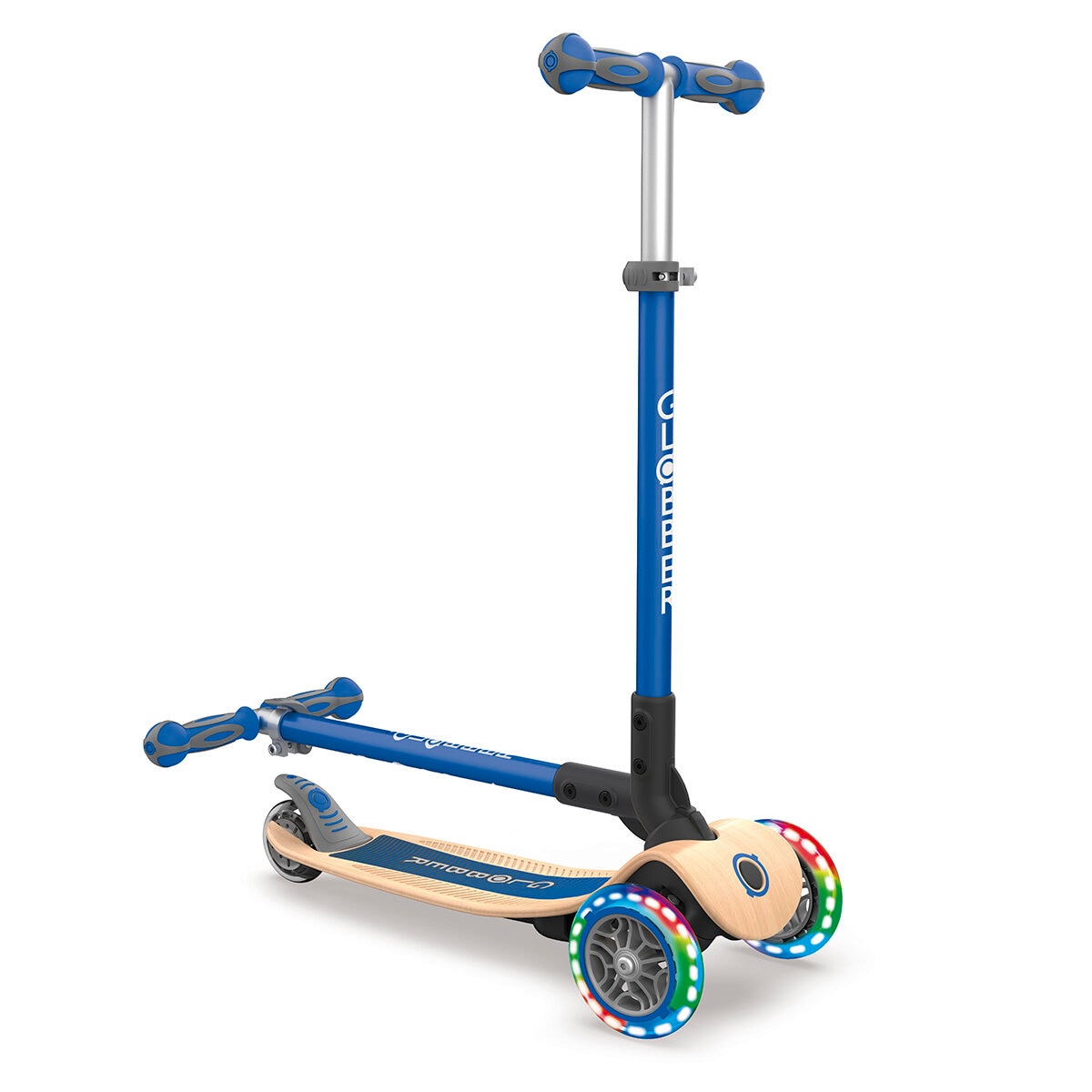 Globber Primo Wood Foldable Scooter With Lights in Navy Blue (3+ Years)