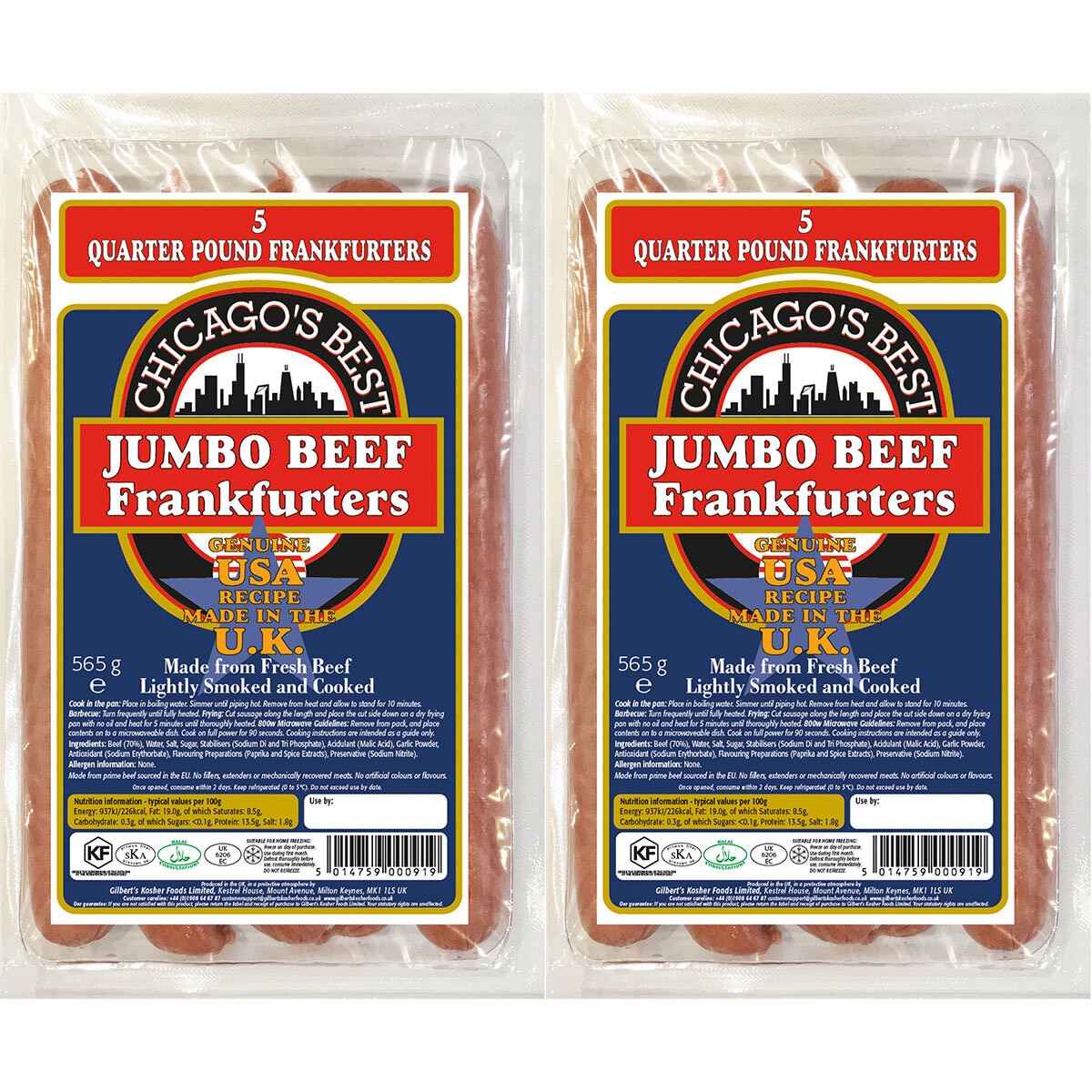 Chicago's Best Jumbo Beef Frankfurters, 2 x 565g