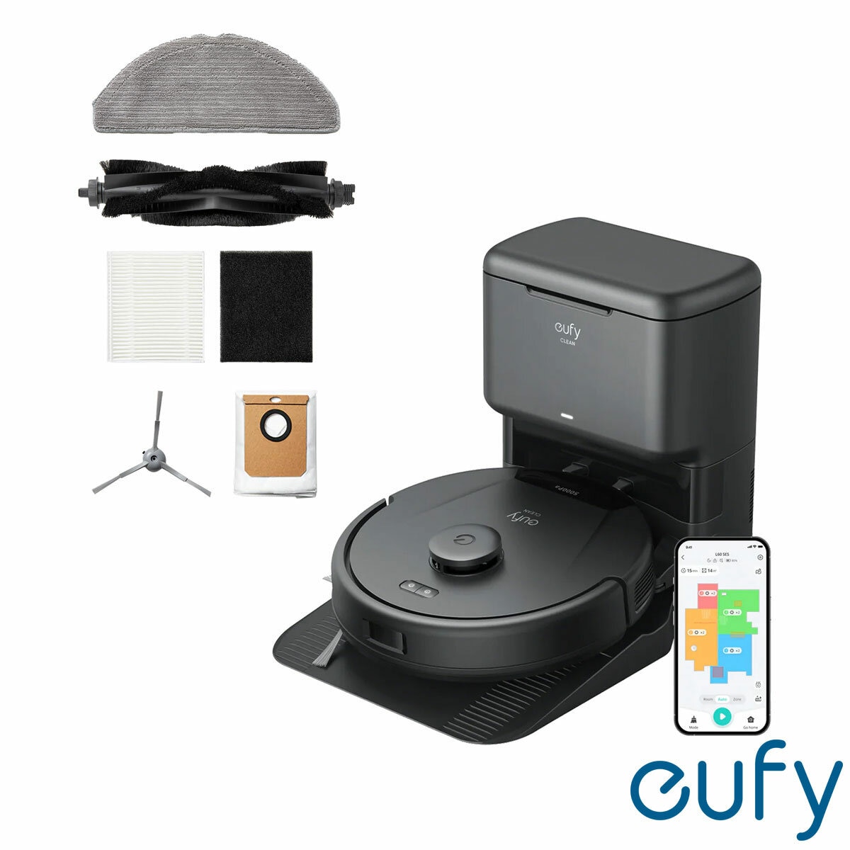 Eufy L60 Hybrid Robot Vacuum & Mop with Self-Empty Station with attachments