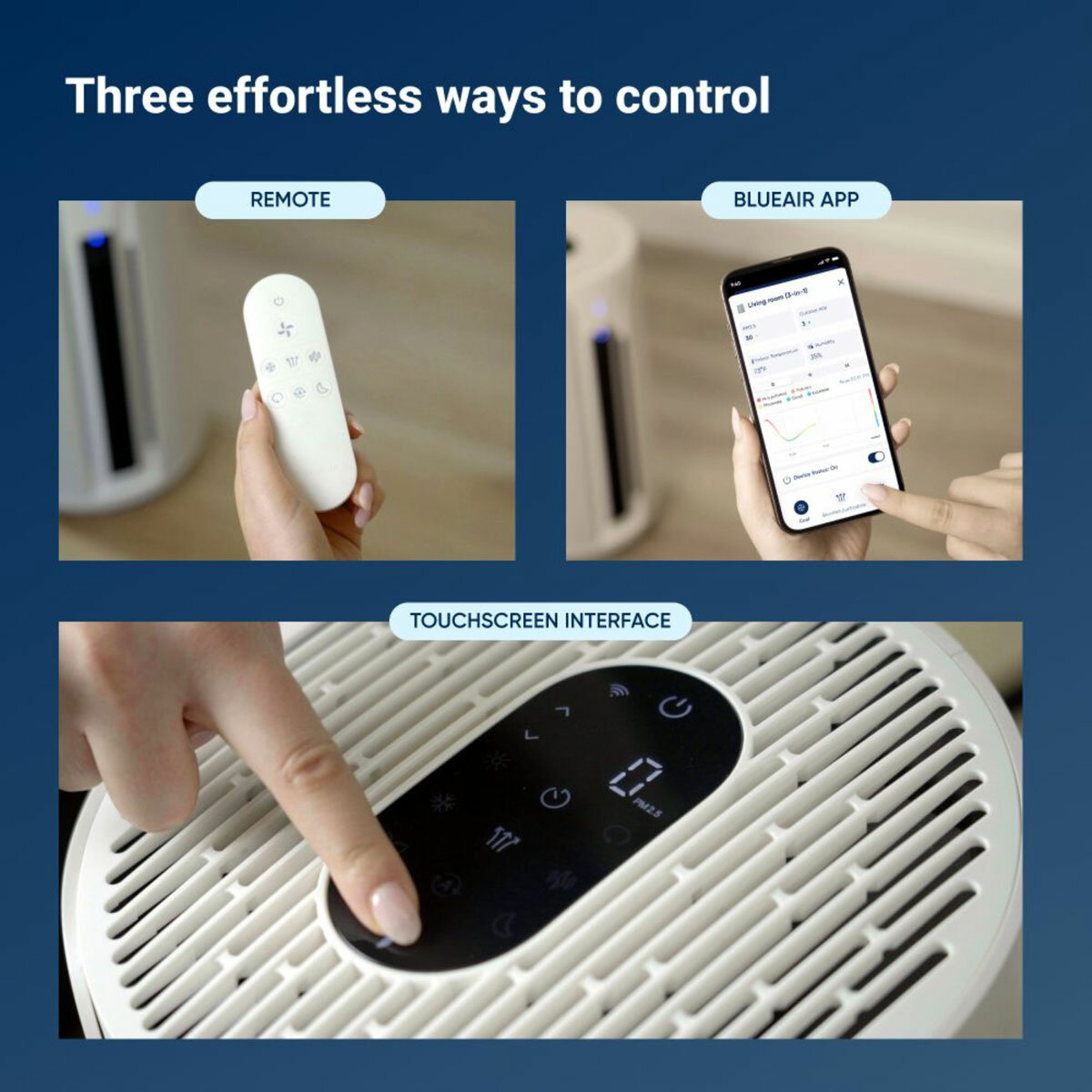 Lifestyle image of Blueair T20i ComfortPure™ 3-in-1 Air Purifier with three ways to control, remove, via Blueair app and touchscreen Lifestyle image of Blueair T20i ComfortPure™ 3-in-1 Air Purifier with three ways to control, remove, via Blueair app and touchscreen