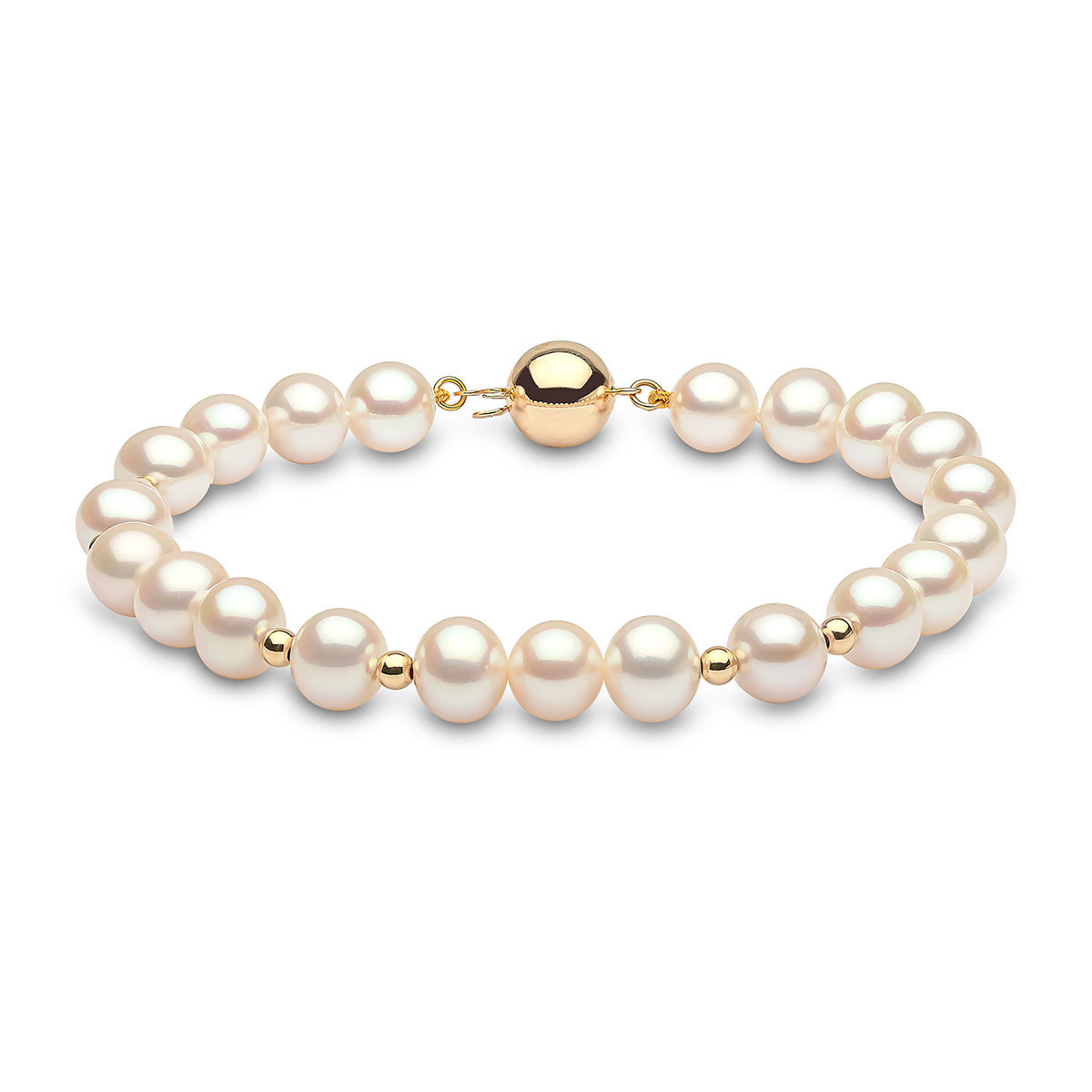 7.5-8mm Cultured Freshwater White Pearl and Gold Bead Bracelet, 18ct Yellow Gold