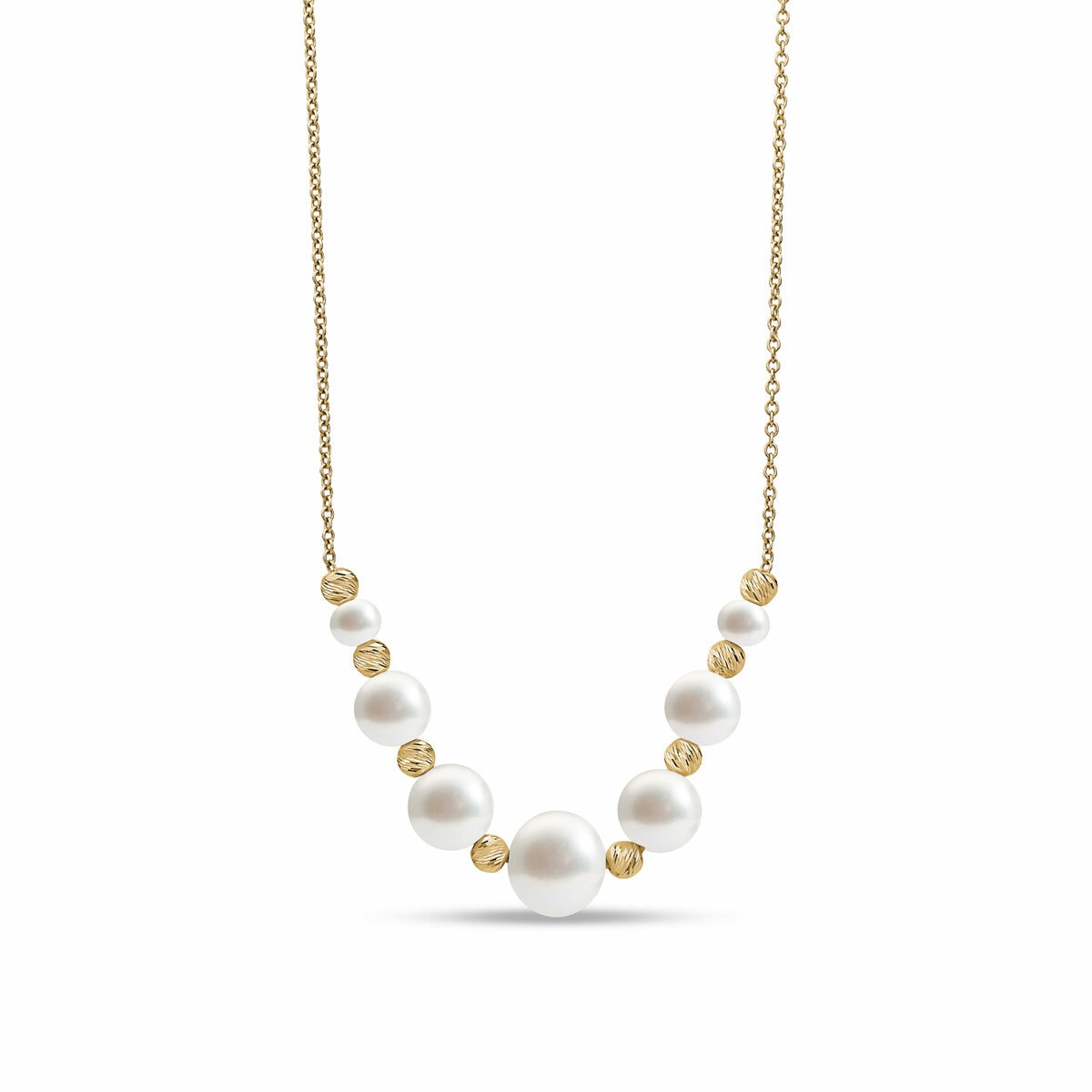 4-8.5mm Cultured Freshwater White Pearl & Gold Bead Graduated Necklace, 14ct Yellow Gold