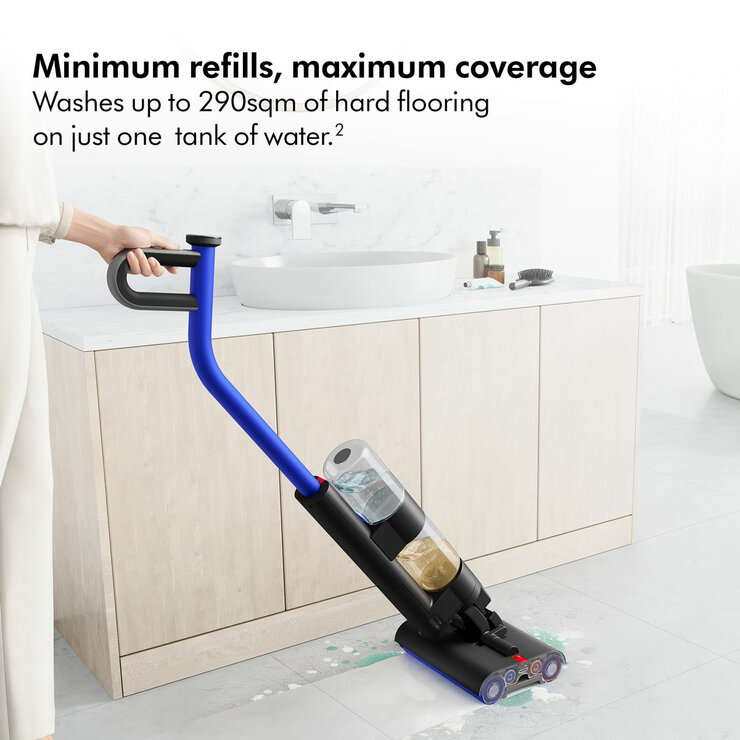 Lifestyle images of Dyson WashG1 wet floor cleaner showin gminimum refilles and maximum coverage up to 290sqm of hard floor