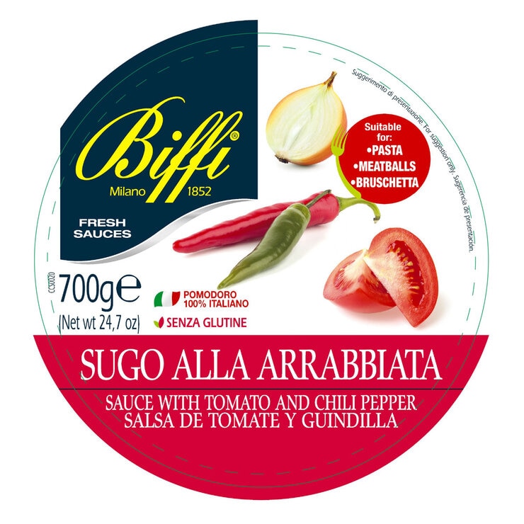 Back of Pack of Pot of Biffi Arrabiata Sauce 700g