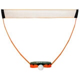 Studio image of the net adjusted for volleyball, and a volleyball