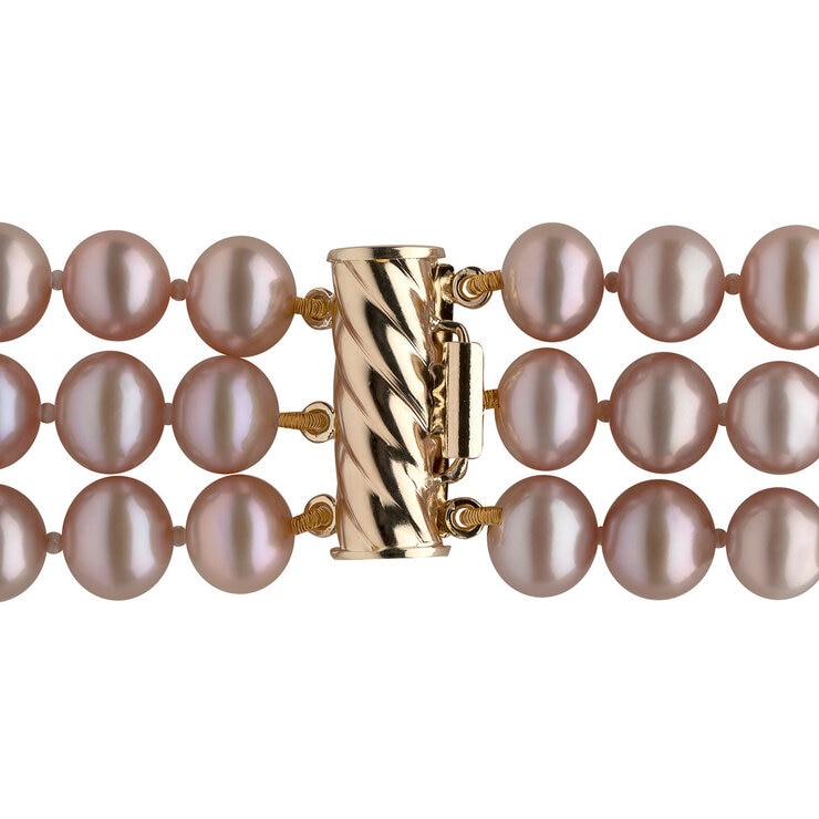 Pink Cultured Freshwater Pearl 3 Strand Necklace, 18ct Yellow Gold