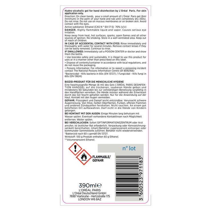 L'Oreal Skin Expert Hand Sanitiser Gel with Pump, 6 x 390ml L'Oreal Skin Expert Hand Sanitiser Gel with Pump, 6 x 390ml