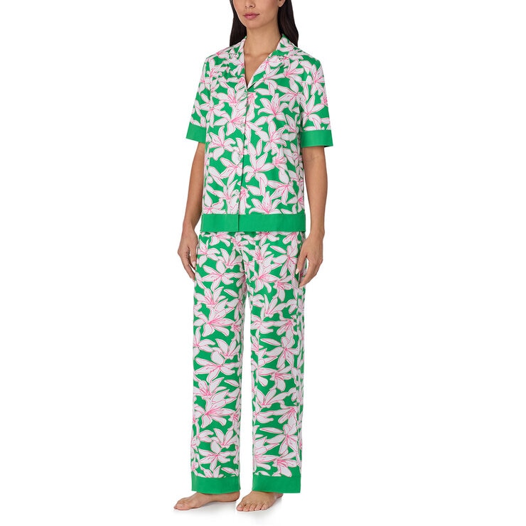 Room Service Ladies Notch Collar Pyjama Set in Green