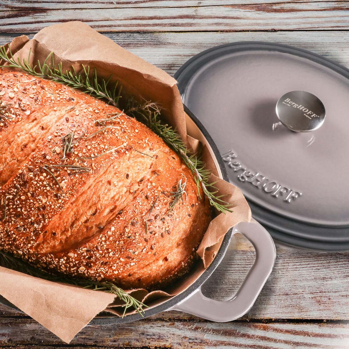 BergHOFF Neo Cast Iron 35cm 7.5L Oval Casserole - Oyster with bread