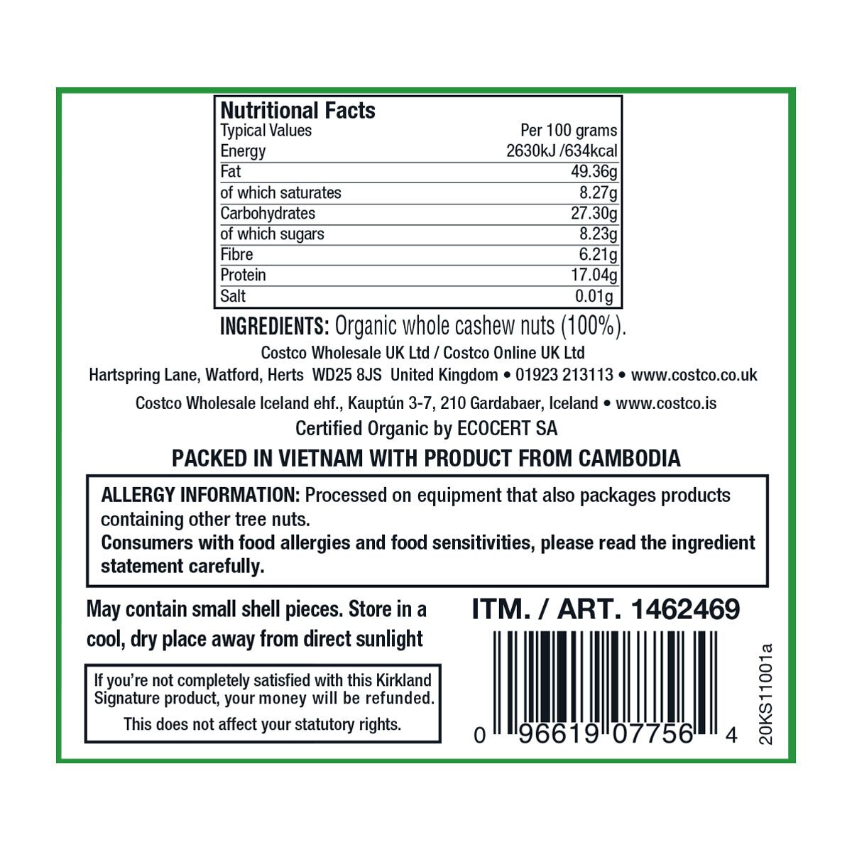 Kirkland Signature Organic Cashews, 1.13kg