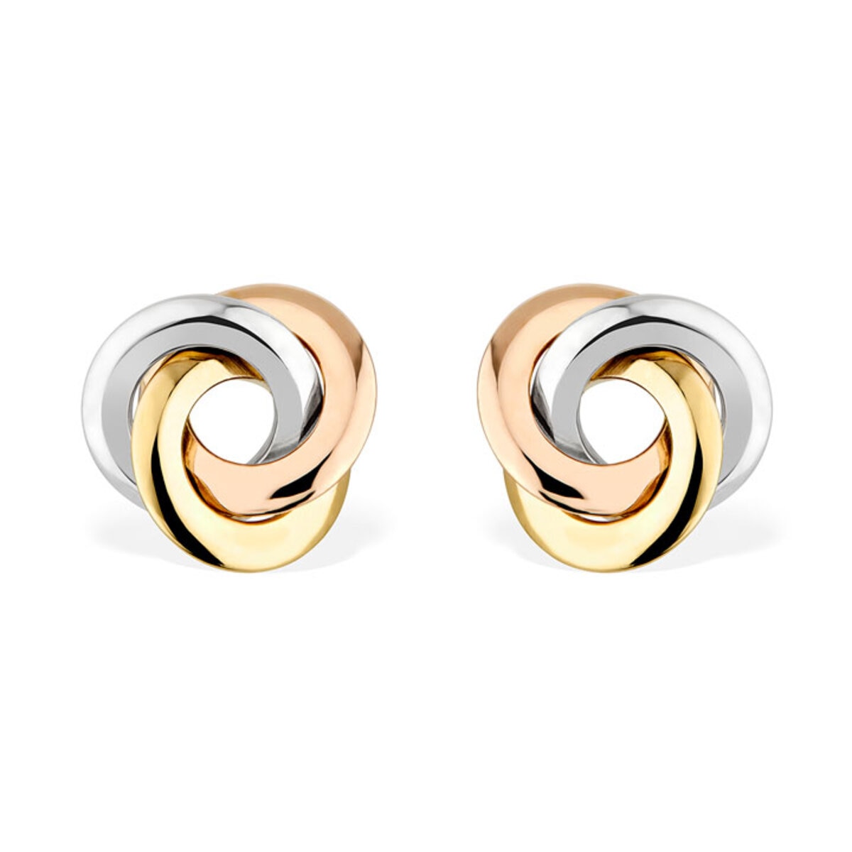 Three Colour Knot Earrings, 14ct Yellow, Rose & White Gold.