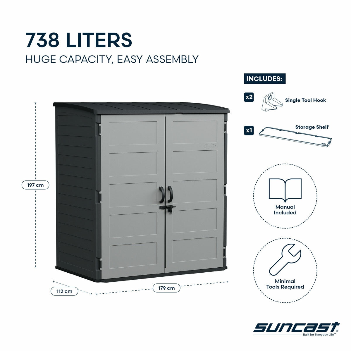 Suncast 5ft 8" x 3ft 6" (1.7 x 1.1m) 3,000 Litre Vertical Storage Shed with Shelves and Tool Hooks
