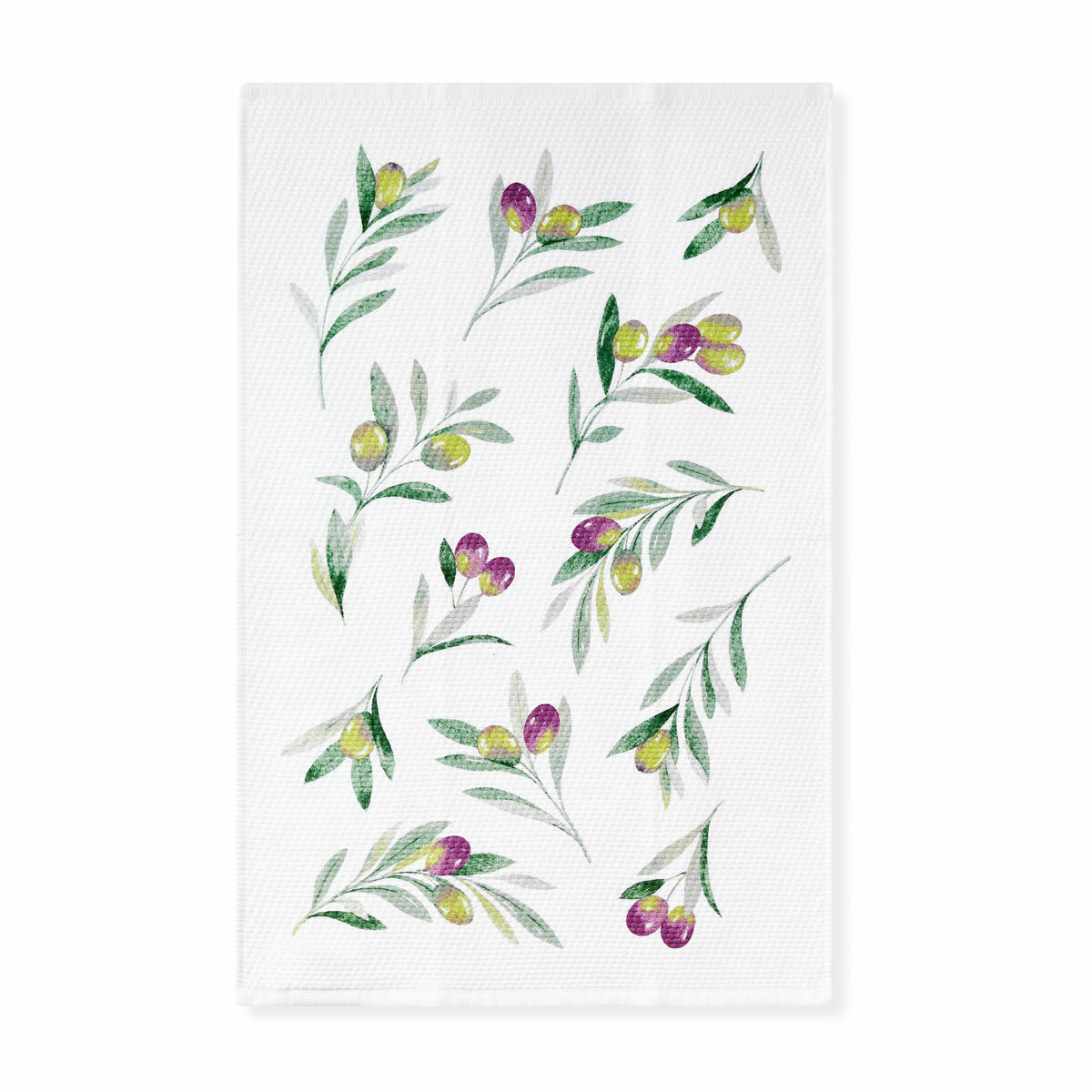 Printed design of scattered olive branches with green leaves and green and purple olives on a white textured background Printed design of scattered olive branches with green leaves and green and purple olives on a white textured background