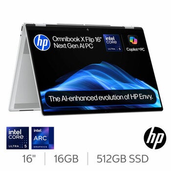 HP Omnibook X Flip, Copilot+ PC, Intel Core Ultra 5, 16GB RAM, 512GB SSD, 16 Inch Convertible 2 in 1 Laptop, 16-as0004na