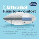 Silentnight UltraGel pillow with luxury knitted cover, breathable airmesh walls, hollowfibre filling, and UltraGel comfort layer for pressure relief.