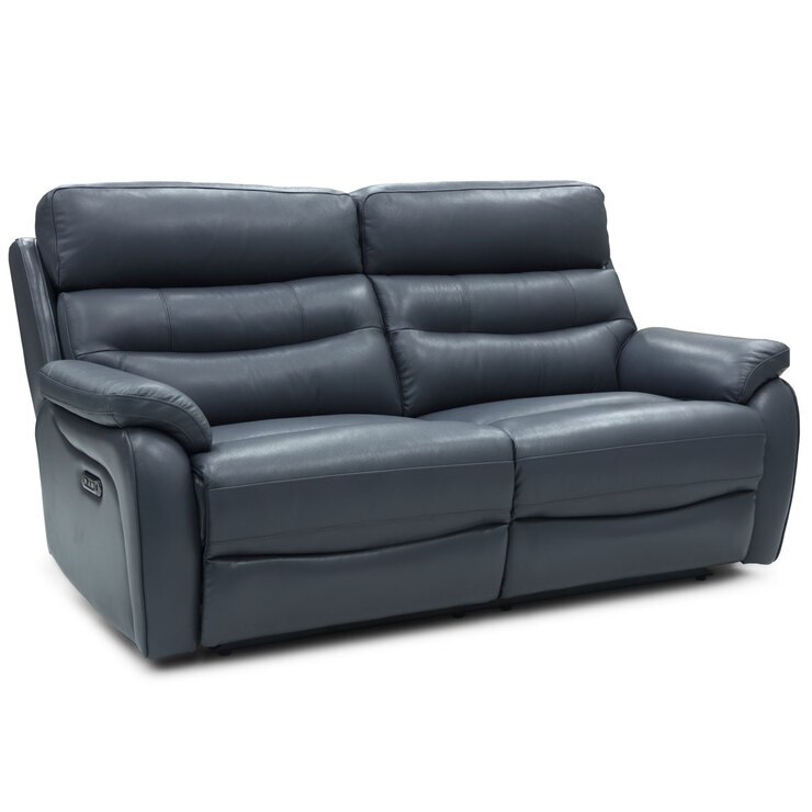 Fletcher Blue Leather Power Reclining Large 2 Seater Sofa with Power