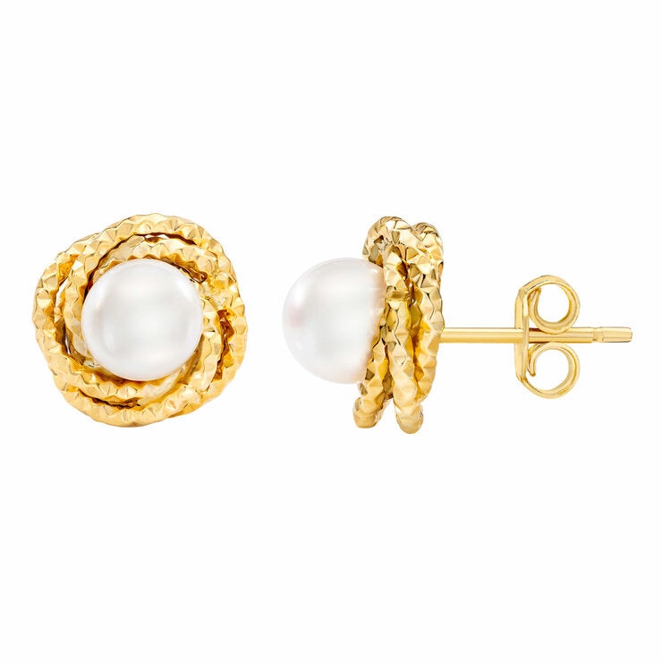 7-7.5mm Cultured Freshwater White Pearl Love Knot Earrings, 14ct Yellow Gold
