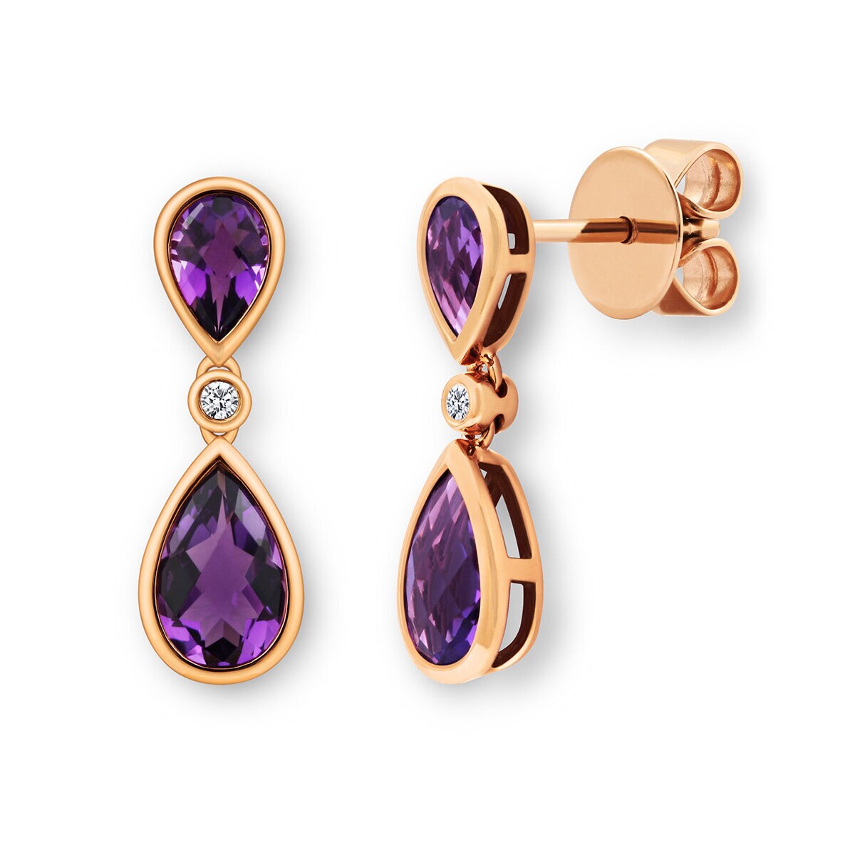 Pear Cut Amethyst & 0.03ctw Diamond Earrings, 18ct Rose Gold