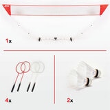 Studio image of the included net, shuttlecocks and rackets