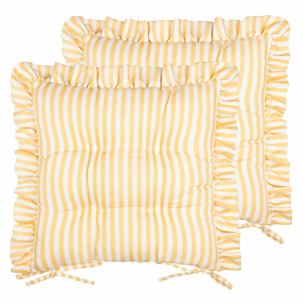 Wylder Millie Ruffle Yellow Striped Indoor Outdoor Seat Pad 2 Pack, 40 x 40 cm