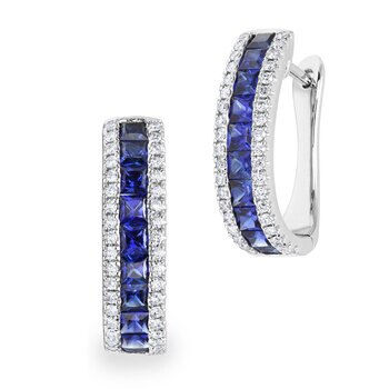 Princess Cut Blue Sapphire & 0.37ctw Diamond Hoop Earrings, 18ct White Gold