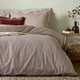 Striped duvet set with vertical burgundy and white lines, paired with matching pillowcases