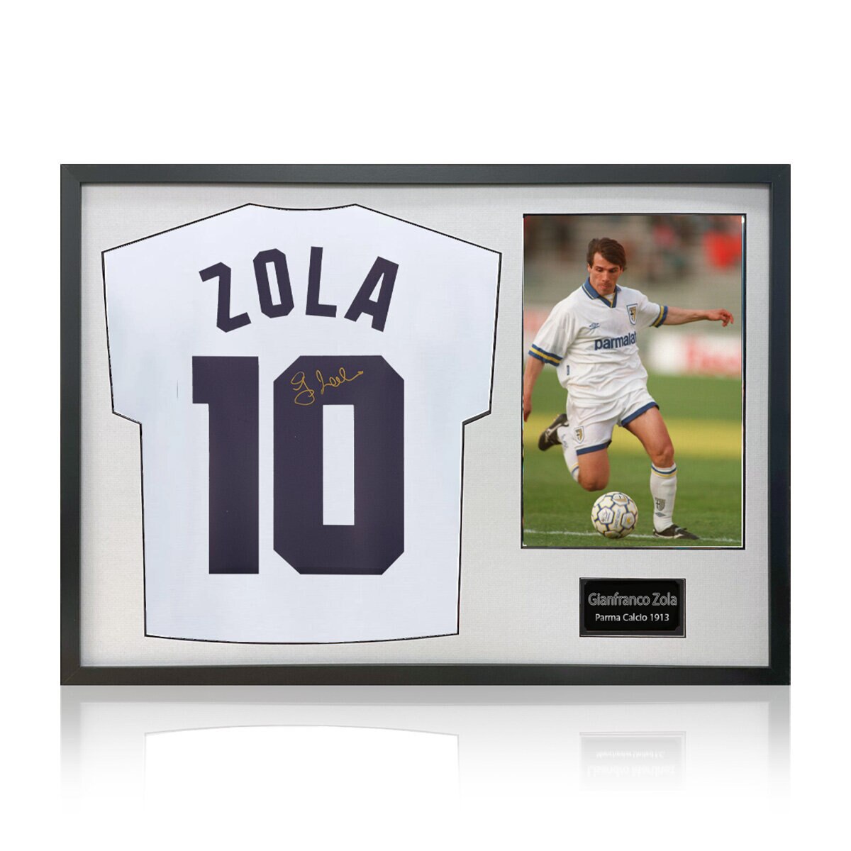 Gianfranco Zola Signed Framed Parma Calcio Football Shirt & 1 Photo in 2 Options: White or Black Mount Gianfranco Zola Signed Framed Parma Calcio Football Shirt & 1 Photo in 2 Options: White or Black Mount