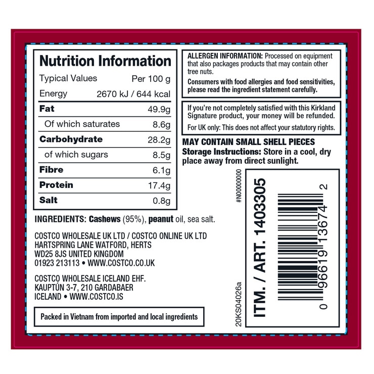 Kirkland Signature Whole Fancy Salted Cashews, 1.13kg Costco UK