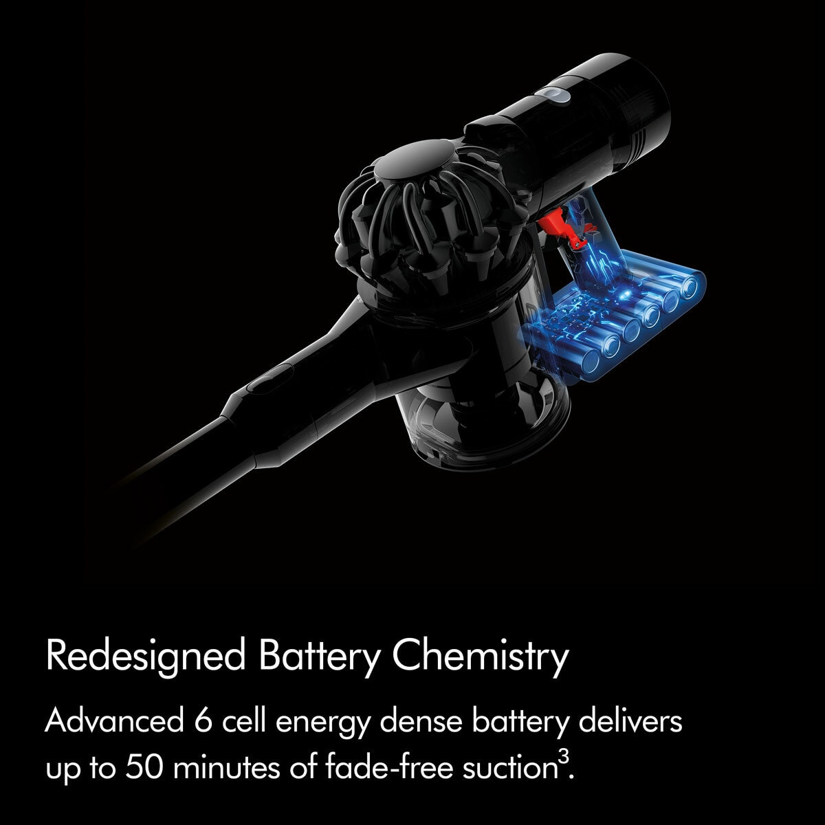 Lifestyle image of Dyson Car+Boat Handheld Vacuum showing redesigned battery chemisty of advanced 6 cell delivering up to 50 minutes of suction