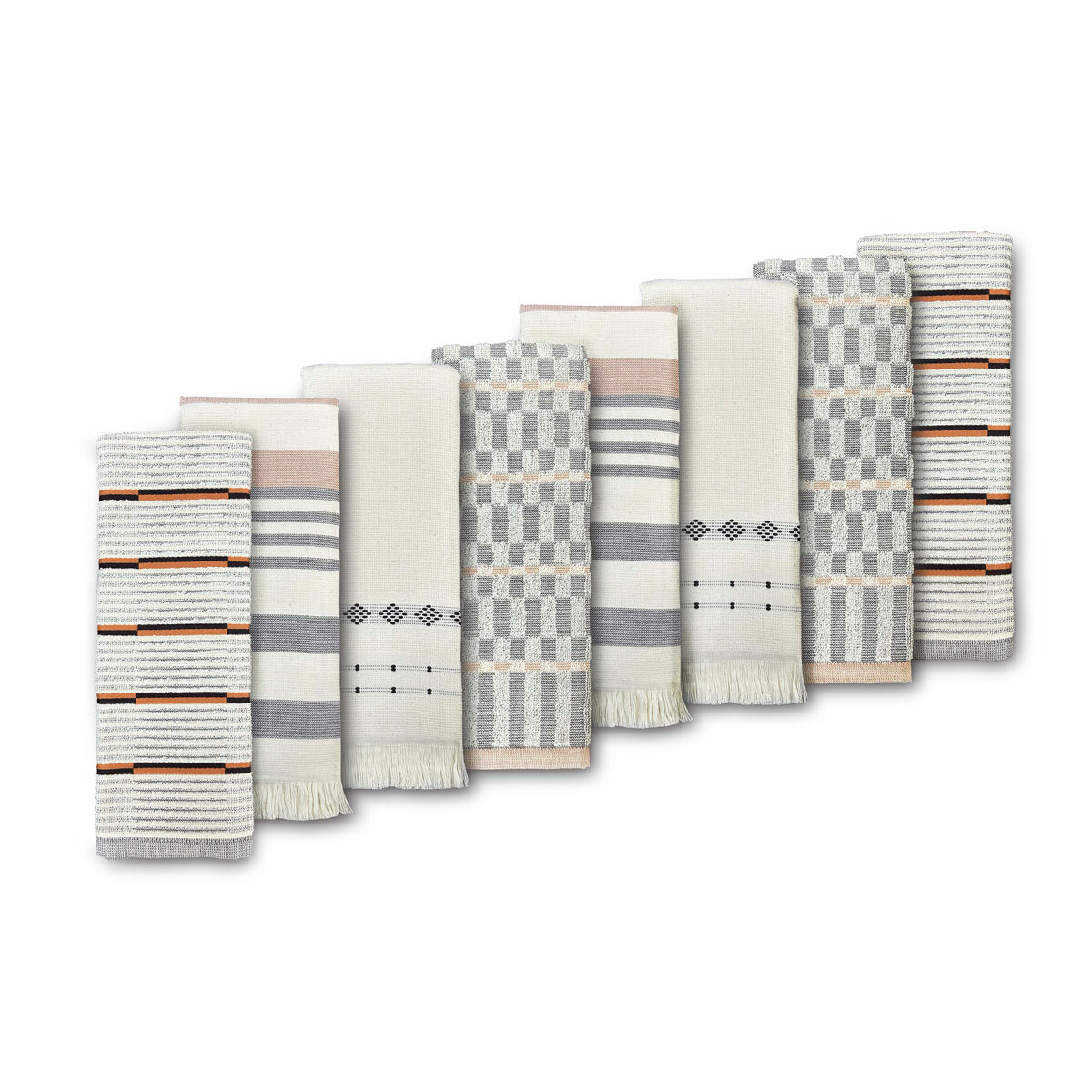 Set of eight folded woven tea towels in grey, beige and orange geometric and striped patterns, arranged to show their weave and detail with a plain background
