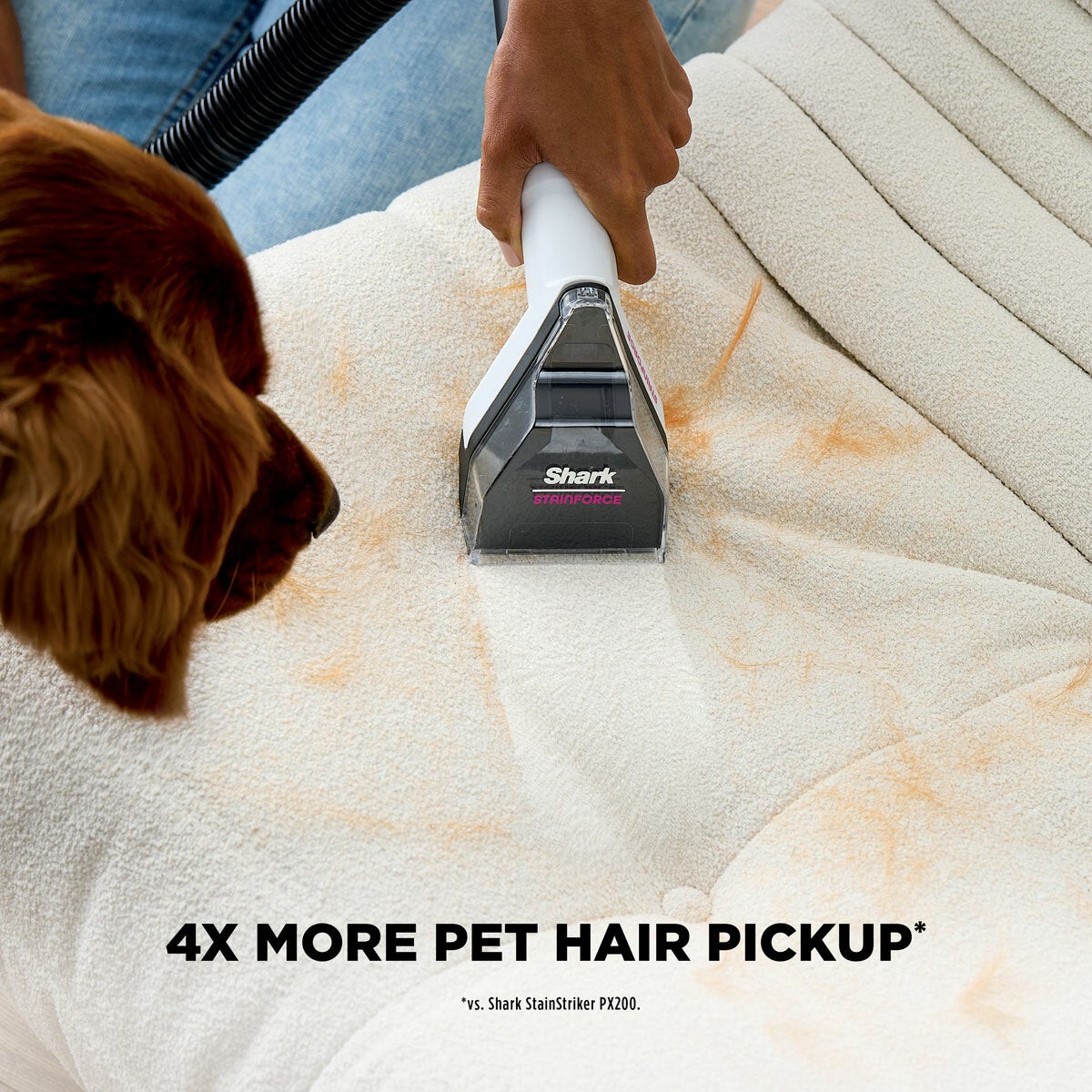 Lifestyle image showing 4 x more pet hair pick up