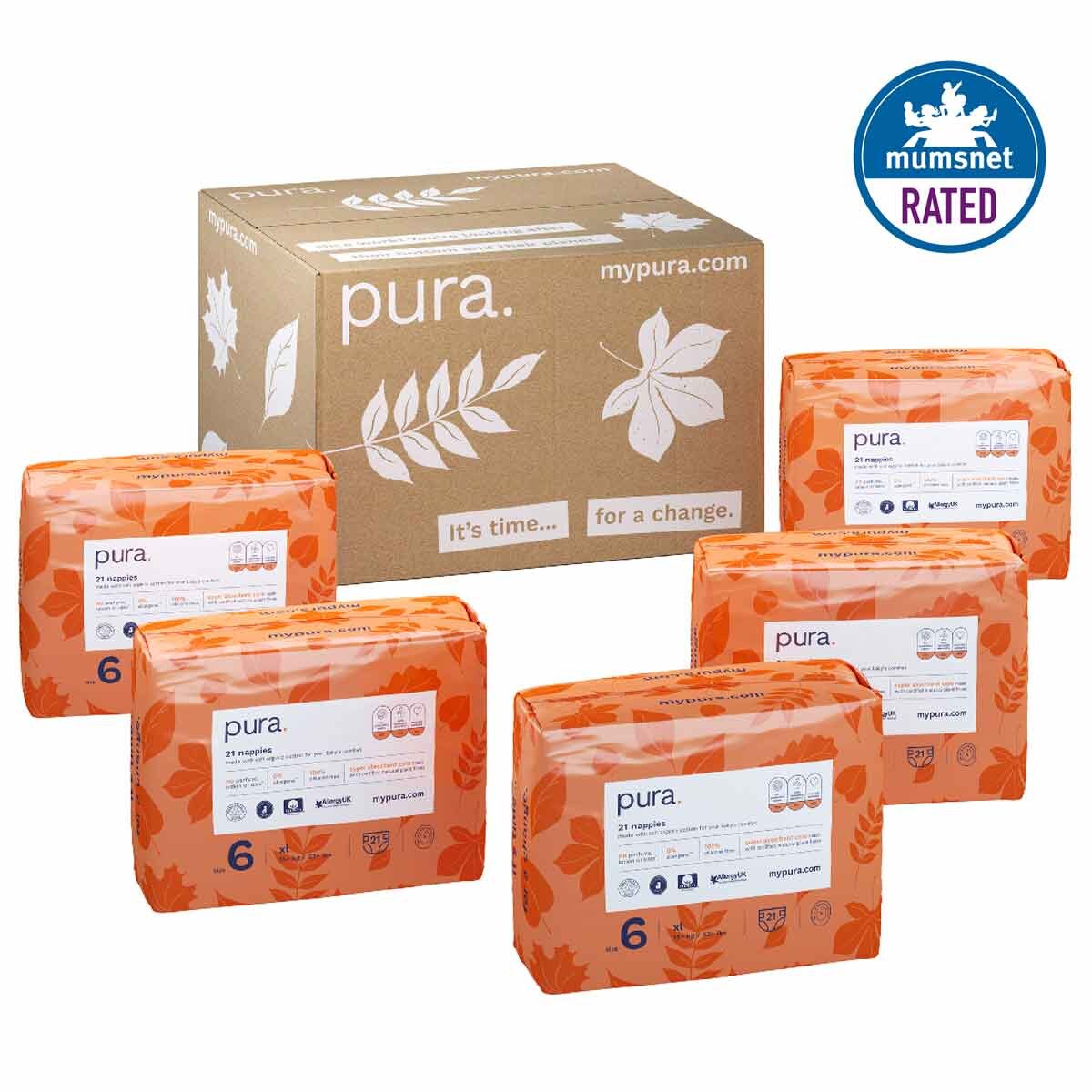 Pura High Performance Eco Nappies, Size 6 (15+kg), 5 x 21 Pack (105 Nappies Total)