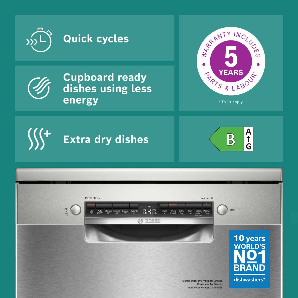 Bosch Series 6 SMS6ZCI10G Freestanding Dishwasher, B Rated in Silver