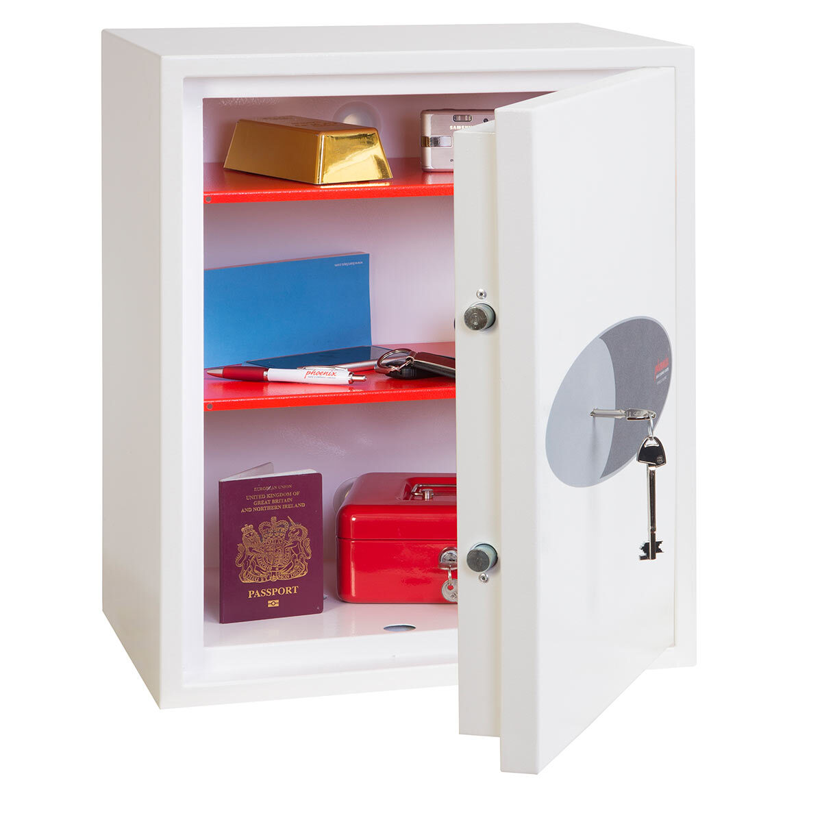 Cut out image of partially opened safe on white background