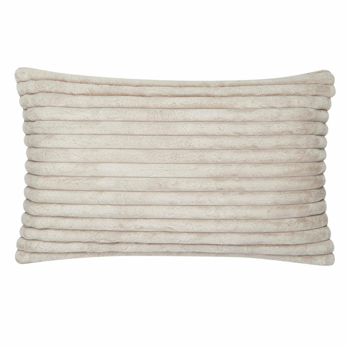 XL ribbed pillow in beige with a plush, velvety texture and horizontal ridges.
