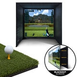 Studio image showing the tee turf, simulator and blackout screen