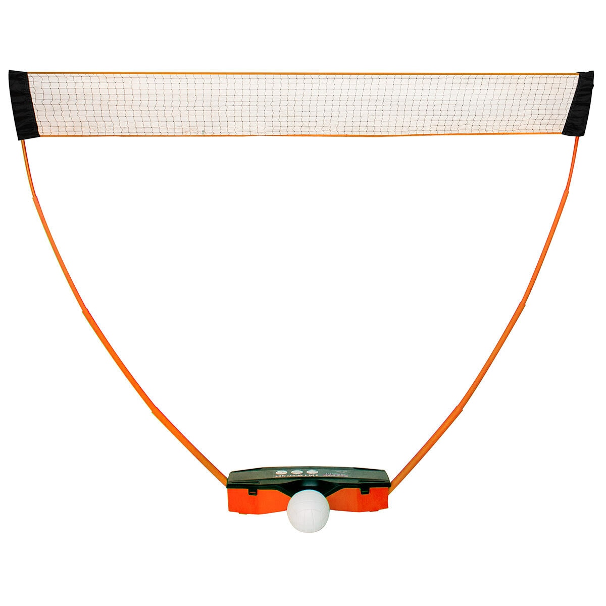 Studio image of the net adjusted for volleyball, and a volleyball