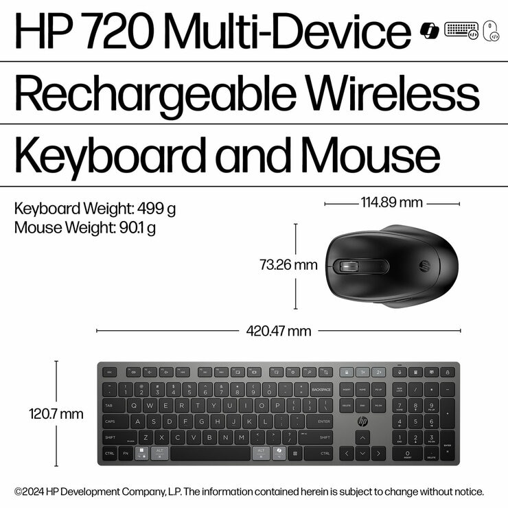 HP 720 Multi-Device Ultra-Fast Rechardgeable Wireless Keyboard and Mouse Combo