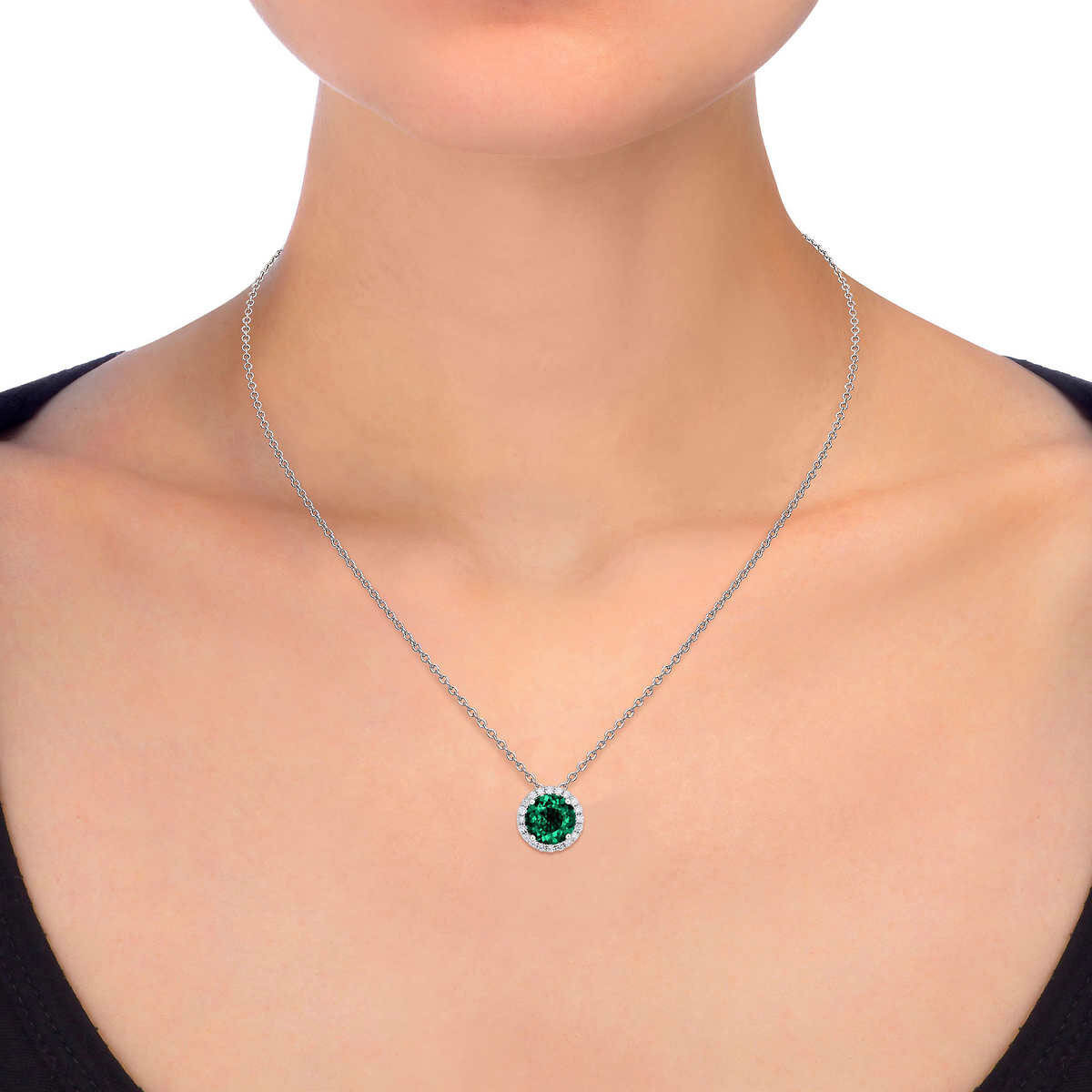 Round Cut Lab Emerald & 0.16ctw Diamond Necklace, 14ct White Gold