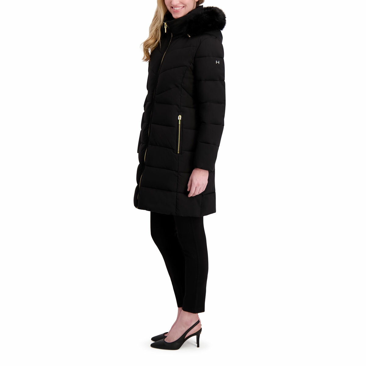 Halston Ladies Hooded Walker Coat in Black