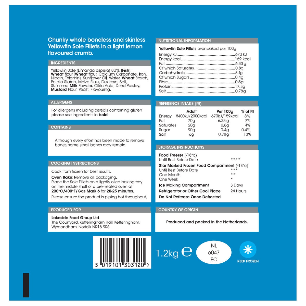 Back of pack of Lemon Dusted Sole