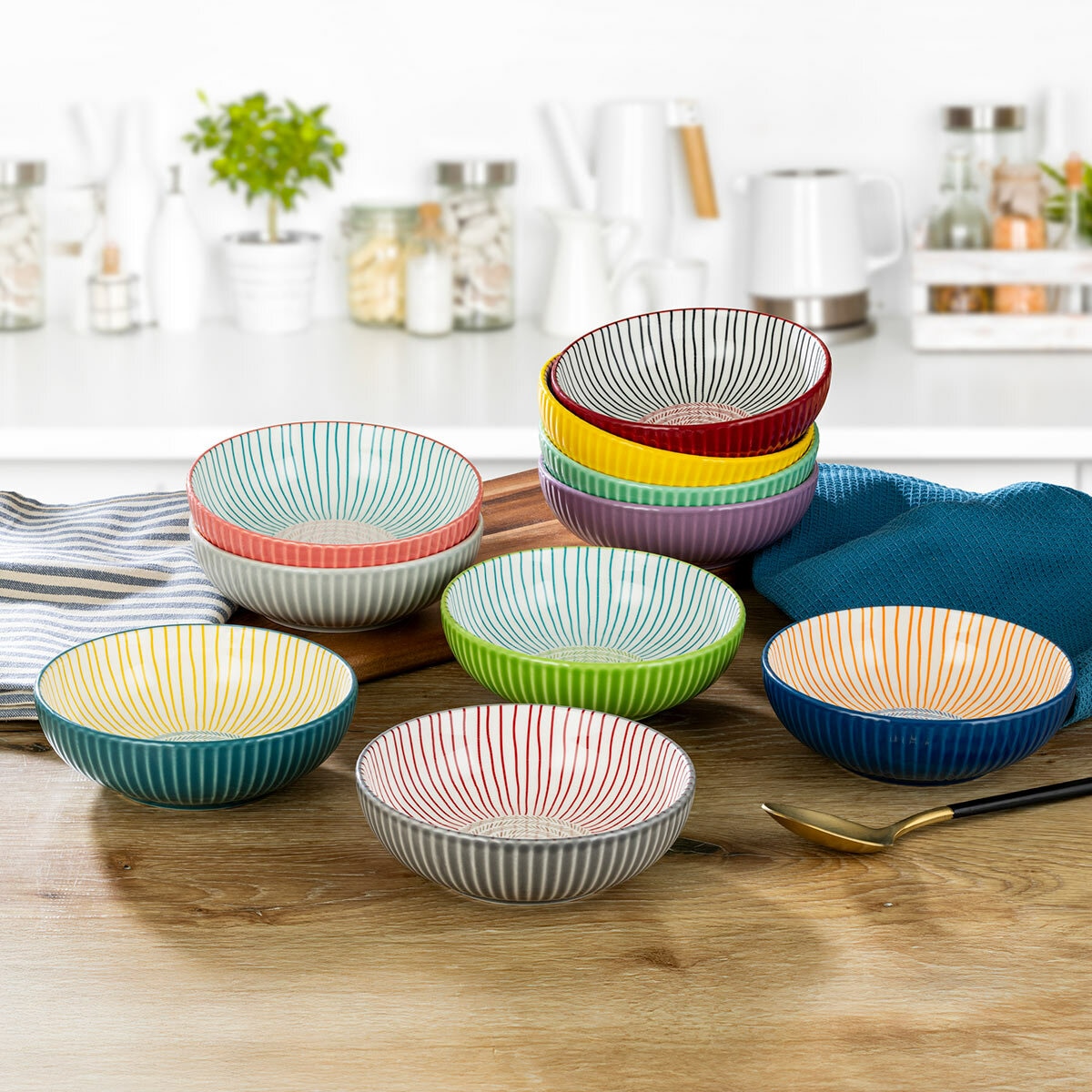 signature houseware stoneware bowls without food in kitchen
