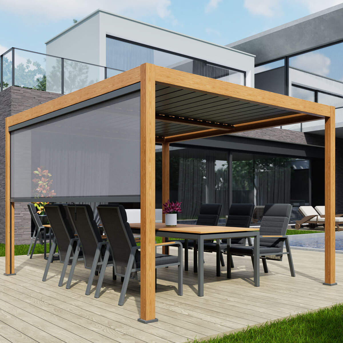 Alvivo 9ft 8" x 13ft 3" (3 x 4m) Wood-Look Louvered Aluminium Pergola Bundle with 3 Pull-Down Screens