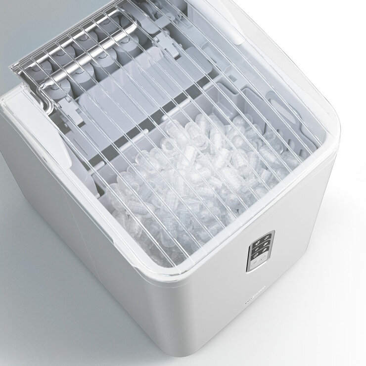 Ice cube maker with lid open Ice cube maker with lid open